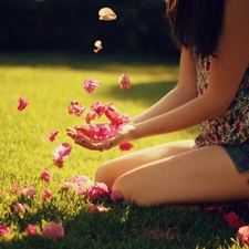 Women, flakes, flowers, Meadow