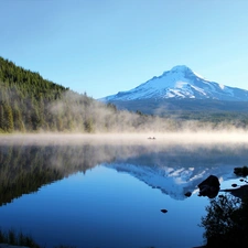 lake, forest, Fog, mountains