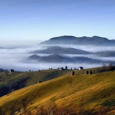 Fog, field, Mountains