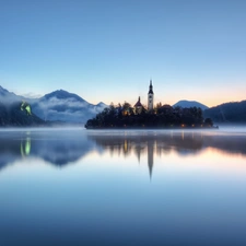 Castle, Slovenia, Fog, Mountains, lake, Bled