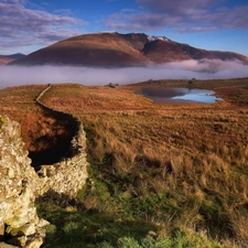 Fog, Mountains, Stones, field, ledge