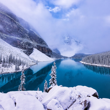 Snowy, Banff National Park, trees, woods, Fog, Canada, Province of Alberta, Mountains, Lake Moraine, winter, viewes
