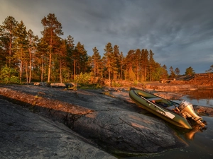 forest, trees, Russia, viewes, Karelia, Boat, Lake Ladoga, rocks