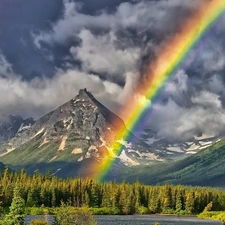 forest, lake, clouds, Mountains, Great Rainbows