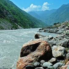 Mountain, Stones, forest, River