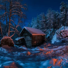 wooden, Oulanka National Park, Myllykoski Mill, viewes, trees, Lapland, fire, winter, Finland, Night, snow, forest