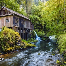 forest, USA, Windmill, River, Old car