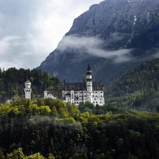 Mountains, surrounded, forests, Castle
