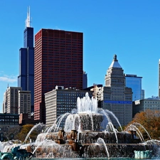 Chicago, clouds, fountain, skyscrapers