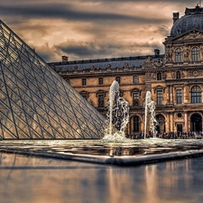 pond, fragment, dark, Louvre, Paris, fountain, clouds