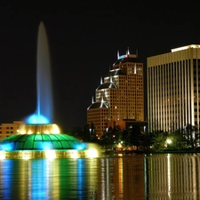 night, fountain, clouds, Orlando, skyscrapers