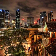 Sydney, clouds, town, apartment house, skyscrapers, fragment, night