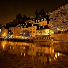 Luxembourg, River, town, Petrusse, Houses, fragment, night