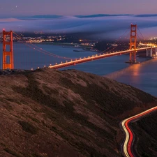 Golden Gate Strait, Most Golden Gate Bridge, State of California, The United States, Night, clouds, San Francisco, light, Town