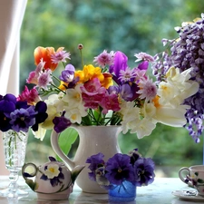 freesia, wistaria, flowers, pansy, Bouquets