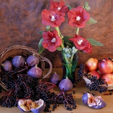 bowl, Flowers, Fruits, composition, figs, Hollyhocks