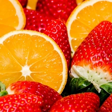 Fruits, strawberries, orange