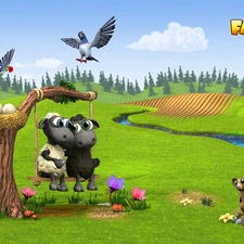 game, Farmerama, sheep, birds, nest, stream, Meadow, trees, mouse