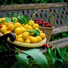 Bench, Baskets, Garden, Fruits