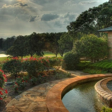 Garden, fountain, house