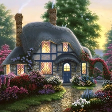 house, Garden, Thomas Kinkade, Way