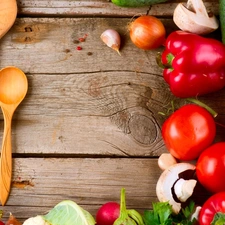 onion, pepper, wood, Mushrooms, tomatoes, garlic, Spoons