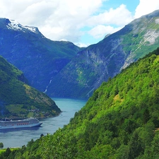 slopes, Ship, Fiord Geirangerfjorden, Norway, woods, Mountains