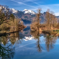 trees, Mountains, Bavaria, Bavarian Alps, River, viewes, Germany