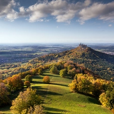 Baden-Württemberg, Germany, The Hills, forest, clouds, Hohenzollern Castle, Hohenzollern Mountain, autumn
