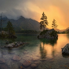 rocks, Lake Hintersee, trees, viewes, Bavaria, Germany, Fog, Houses, Alps Mountains