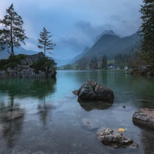 Germany, Mountains, Stones, trees, rocks, Bavaria, Lake Hintersee, viewes