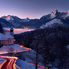 winter, viewes, Berchtesgaden, woods, Salzburg Slate Alps, Bavaria, trees, Church, Germany, Way, Mountains, Sanctuary of Maria Gern