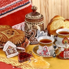 danishes, cups, ginger, jam, Cookies, tea