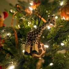 christmas tree, lights, giraffe, ornamentation