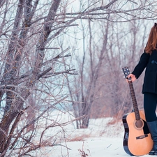 girl, Guitar, forest, snow, winter