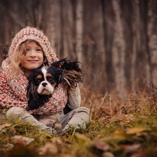 Cavalier King Charles spaniel, forest, girl