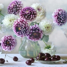 beatyfull, cherries, glass, dahlias