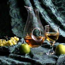 Grapes, carafe, glass, apples