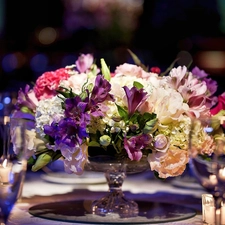 glasses, bouquet, flowers