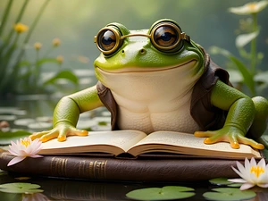 Water lilies, graphics, Glasses, Books, strange frog