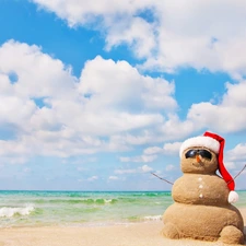 Snowman, Beaches, Glasses, sea, Hat, Sand