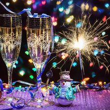 ornamentation, Champagne, glasses, composition, Sparklers, New Year