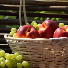 basket, nectarines, Grapes, wicker