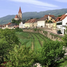 trees, Church, grass, Austria, viewes, Houses