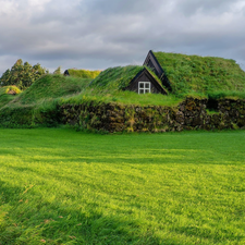 Stones, grass, country, house, iceland