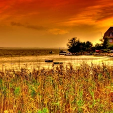 grass, house, sun, lake, west