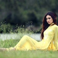 Beauty, Meadow, grass, Japanese girl