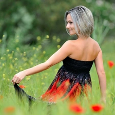 Meadow, papavers, grass, Women