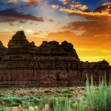 rocks, sun, grass, west