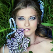 Women, ribbon, grass, Flowers